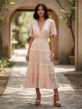 NWT Love Sam Babette Ruffle Lace Midi Dress Size S $375